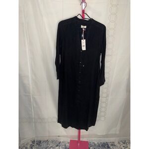 Vineyard Vines Jet Black Linen Blend Button Front Midi Shirt Dress Size S